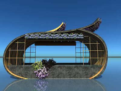 Modern Curved Architectural Structure With Decorative Plants And Water Reflection 3d model