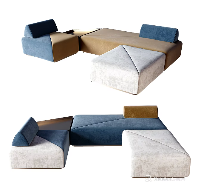 Modern Geometric Multi Seater Sofa With Blue Beige Brown Sections And Soft Cushions 3d model 
