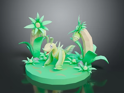 Spiky Green Dinosaur Character With Green Plants Flowers And Leaves 3D Scene 3d model