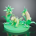 Spiky Green Dinosaur Character With Green Plants Flowers And Leaves 3D Scene