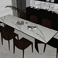 Modern Elegant Dining Table Set With Marble Top Six Chairs And Decorative Items