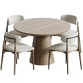 Modern Round Wooden Dining Table Set With Four Light Fabric Chairs And Black Armrests