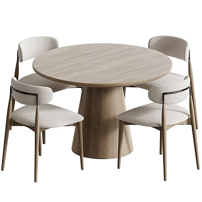 Modern Round Wooden Dining Table Set With Four Light Fabric Chairs And Black Armrests 3d model