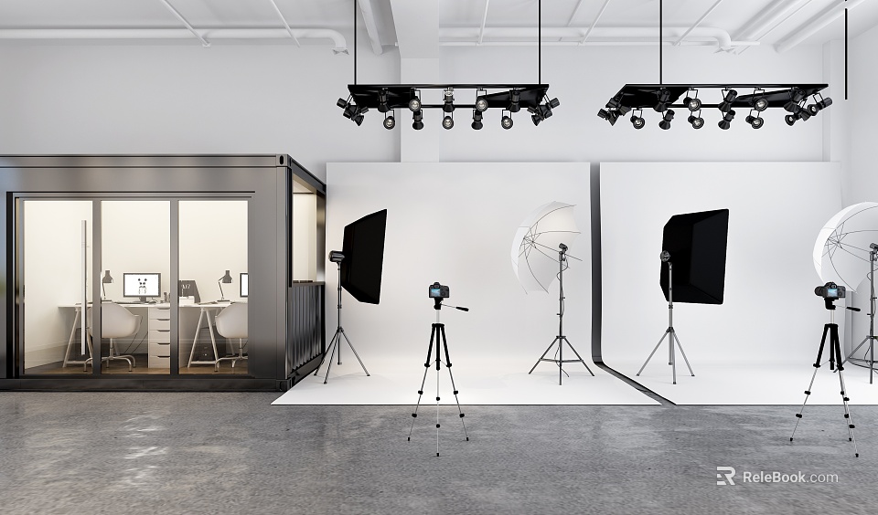 Professional Photography Studio Setup with Studio Lights Softboxes Umbrella Tripod Camera And White Backdrop 3d model 