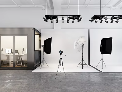 Professional Photography Studio Setup with Studio Lights Softboxes Umbrella Tripod Camera And White Backdrop 3d model