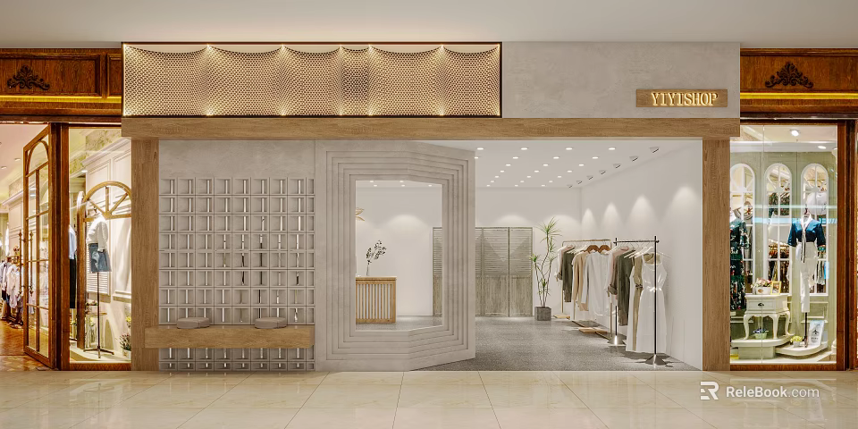 YIYISUKI Shopping Mall Store Featuring Wooden Facade Grid Design And Clothing Racks With Plants 3d model 