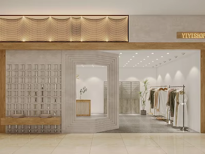 YIYISUKI Shopping Mall Store Featuring Wooden Facade Grid Design And Clothing Racks With Plants 3d model