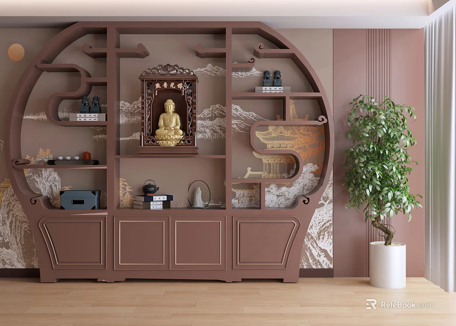Traditional Chinese Brown Wooden Antique Display Shelf With Buddha Statue Tea Sets And Green Plant 3d model 
