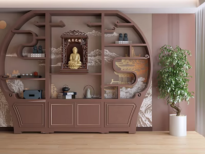Traditional Chinese Brown Wooden Antique Display Shelf With Buddha Statue Tea Sets And Green Plant 3d model