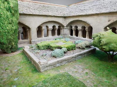 Ancient Stone Courtyard With Arched Portals Central Lawn Lush Bushes And Trees 3d model