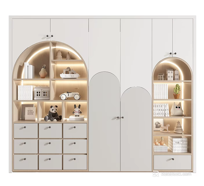 White Wardrobe With Illuminated Shelves Arched Doors Drawers And Decorative Storage 3d model 