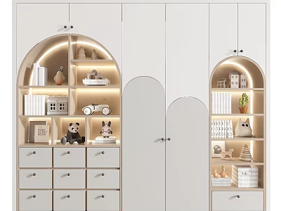 White Wardrobe With Illuminated Shelves Arched Doors Drawers And Decorative Storage 3d model
