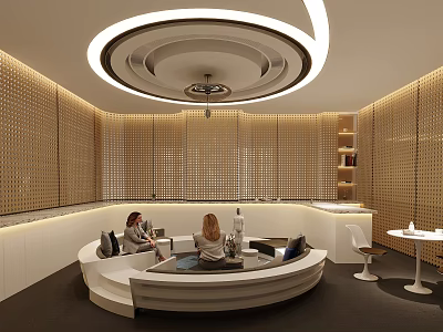 Modern Interior Lounge With Circular Seating Perforated Walls And Ceiling Light 3d model