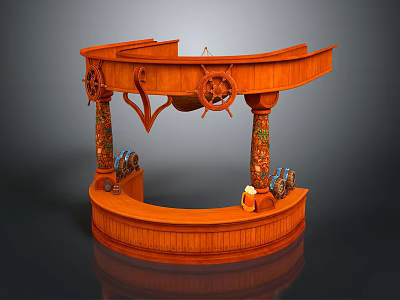 Wooden Curved Bar Counter With Steering Wheel Decorations Pillars Wine Barrels And Wine Bottles 3d model