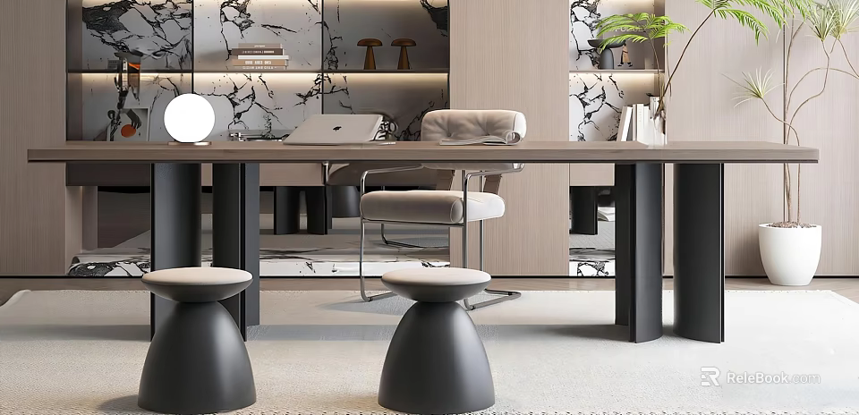 Modern Home Office Desk With Marble Wall Laptop Comfortable Chair Stools And Potted Plant 3d model 