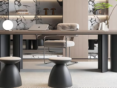 Modern Home Office Desk With Marble Wall Laptop Comfortable Chair Stools And Potted Plant 3d model