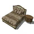 Elegant Double Bed with Tufted Upholstered Headboard and Patterned Bedspread Beside Round Wooden Nightstand