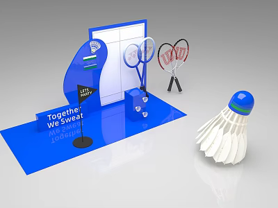 Badminton Court Display Setup With Rackets Shuttlecock And Motivational Signage 3d model
