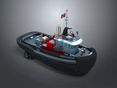 Detailed Tugboat Model With Red Hull Blue Cabin And Canadian Flag On Deck 3d model