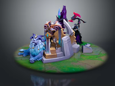 Epic Fantasy Game Movie Characters With Mythical Lion Mount Throne And Colorful Armor 3d model