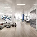 Public Office Space with Modern Geometric Wall Sofa Lounge Area and Large Bright Windows