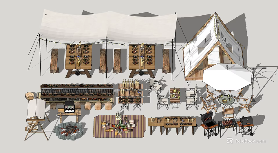 Outdoor Public Facility With Tents Wooden Tables Chairs Display Shelves And Grill 3d model 