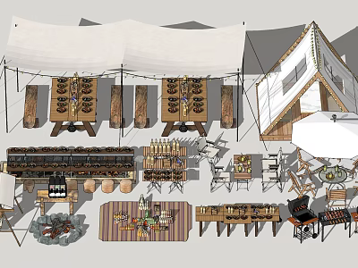 Outdoor Public Facility With Tents Wooden Tables Chairs Display Shelves And Grill 3d model