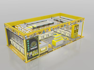 Yellow Exhibition Booth Design With Multiple Display Areas And Decorative Elements 3d model