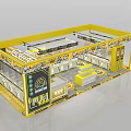 Yellow Exhibition Booth Design With Multiple Display Areas And Decorative Elements 3d model