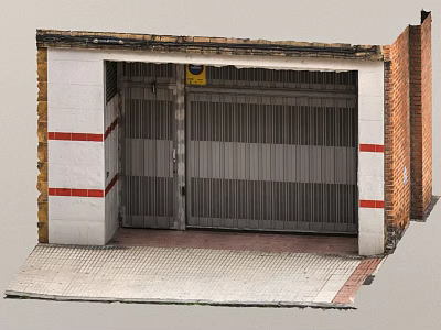 Garage Entrance With Old Roller Shutter Door Brick Wall Red White Stripes And Paved Ground 3d model