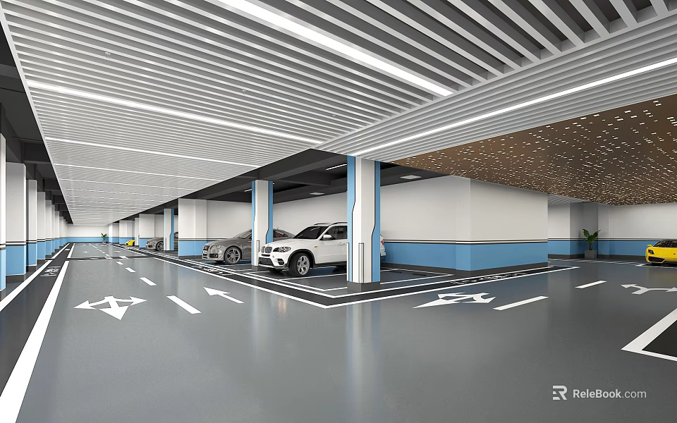 Modern Parking Garage Interior With Cars Direction Arrows And Blue White Walls 3d model 