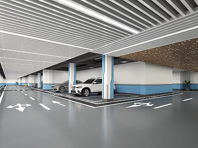 Modern Parking Garage Interior With Cars Direction Arrows And Blue White Walls 3d model
