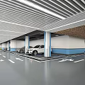 Modern Parking Garage Interior With Cars Direction Arrows And Blue White Walls