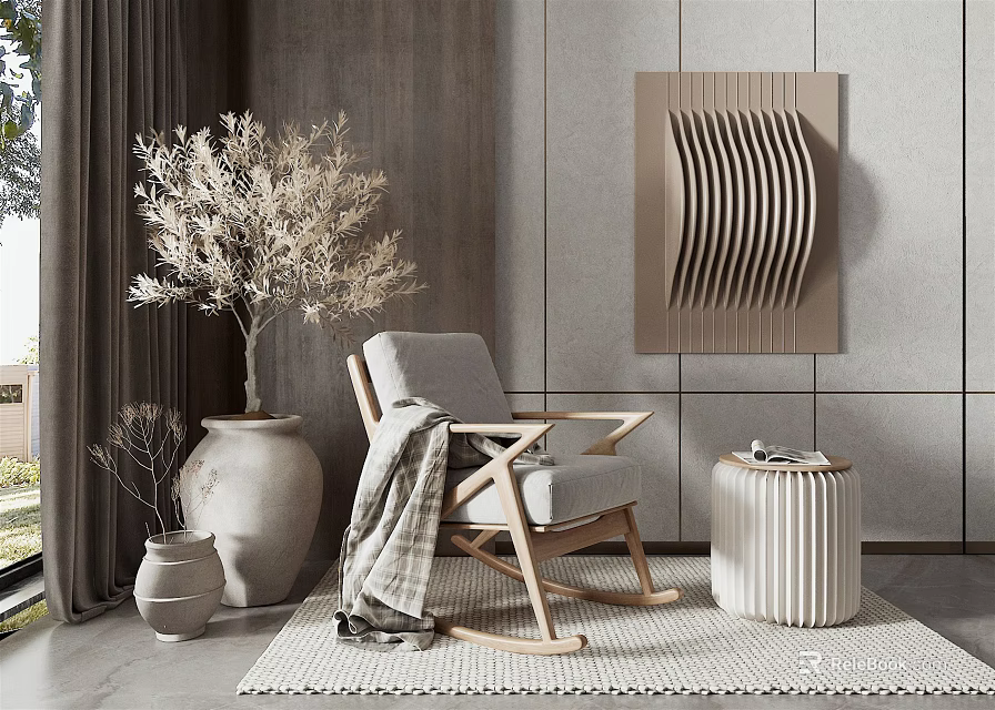 Modern Wooden Leisure Chair With Gray Cushion Draped Blanket Side Stool And Dried Flower Vase 3d model 