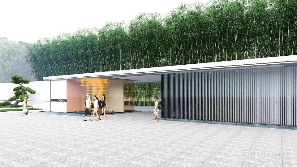 Modern Architectural Entrance Gate With Slatted Wall And Bamboo Grove Near Paved Square 3d model 