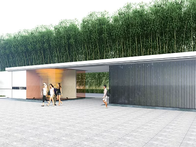 Modern Architectural Entrance Gate With Slatted Wall And Bamboo Grove Near Paved Square 3d model
