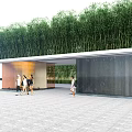 Modern Architectural Entrance Gate With Slatted Wall And Bamboo Grove Near Paved Square