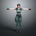 3D Female Military Character With Red Hair Green Uniform Holding Green Bottle And Tool