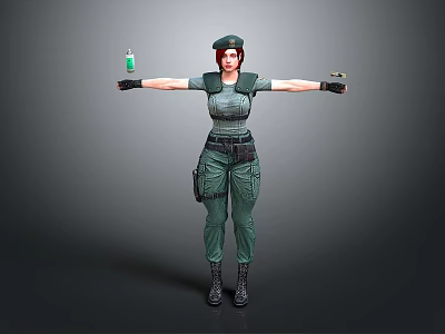 3D Female Military Character With Red Hair Green Uniform Holding Green Bottle And Tool 3d model