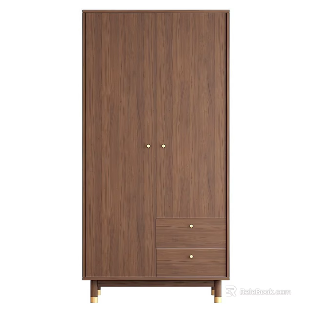 Modern Wooden Storage Cabinet With Double Doors Two Drawers And Gold Knobs 3d model 