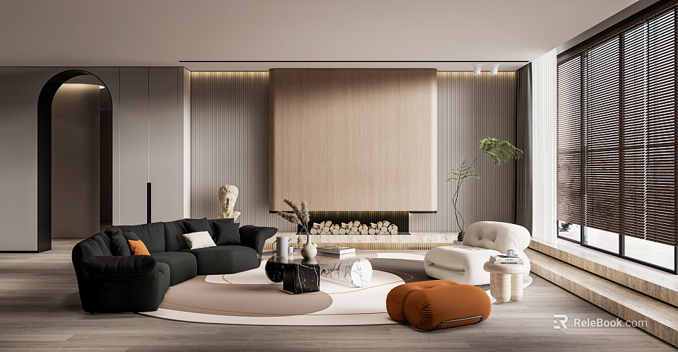 Modern Living Room Interior With Black Sofa Fireplace Armchair Round Rug And Plants 3d model 