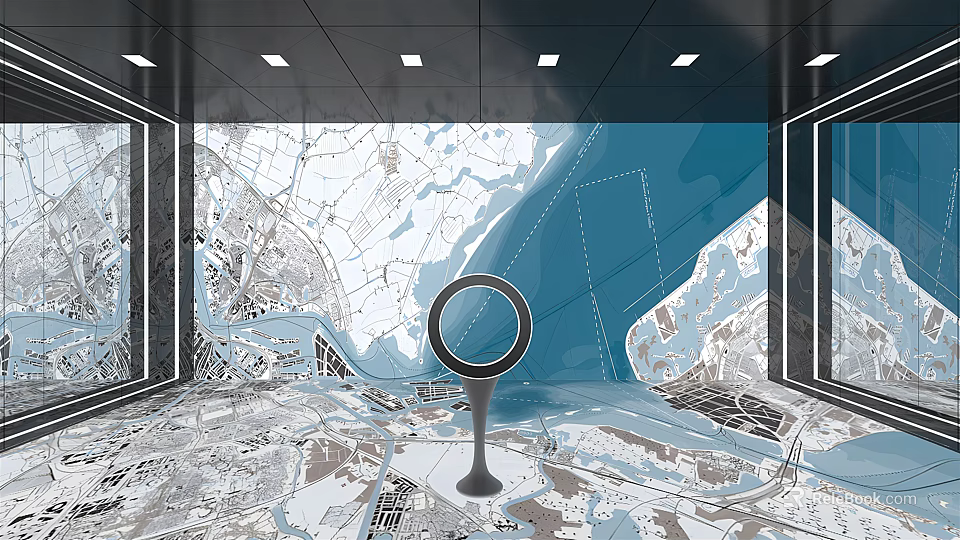 Modern Display Space With City Map Background and Central Circular Ring Structure on Marble-like Floor 3d model 