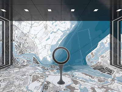 Modern Display Space With City Map Background and Central Circular Ring Structure on Marble-like Floor 3d model