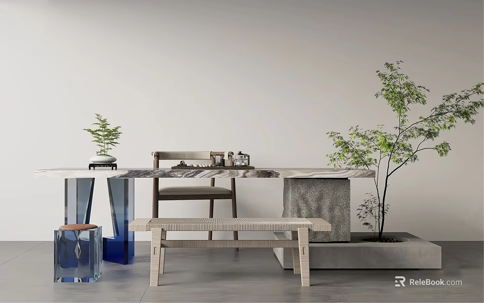 Modern Tea Table And Chairs Interior With Green Plants Marble Top And Wooden Design 3d model 