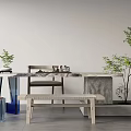 Modern Tea Table And Chairs Interior With Green Plants Marble Top And Wooden Design