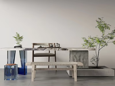Modern Tea Table And Chairs Interior With Green Plants Marble Top And Wooden Design 3d model