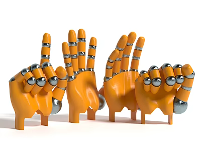 Multiple Orange Robotic Mechanical Hands With Silver Joints And Fingers Structure 3d model