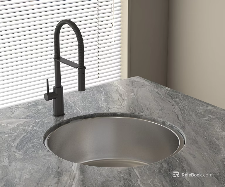 Modern Washbasin in Bathroom on Marble Countertop with Black Faucet near Window Blinds 3d model 