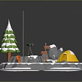 Winter Outdoor Camp Scene With Snowy Tree Yellow Tent Campfire And Signpost