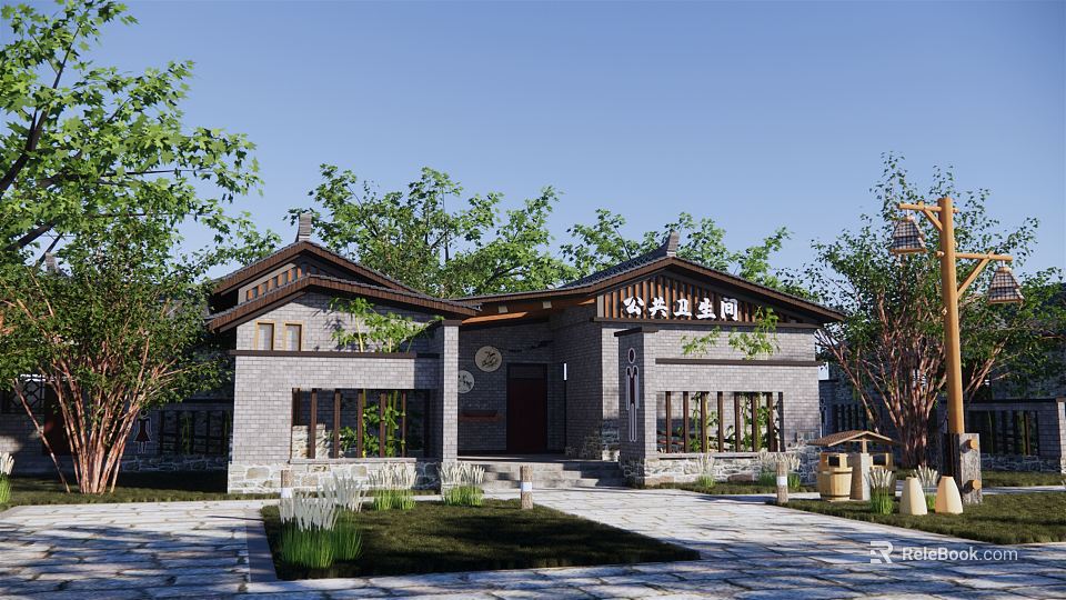 Traditional Chinese Style Homestay Courtyard With Gray Tiles Wooden Doors And Green Plants 3d model 